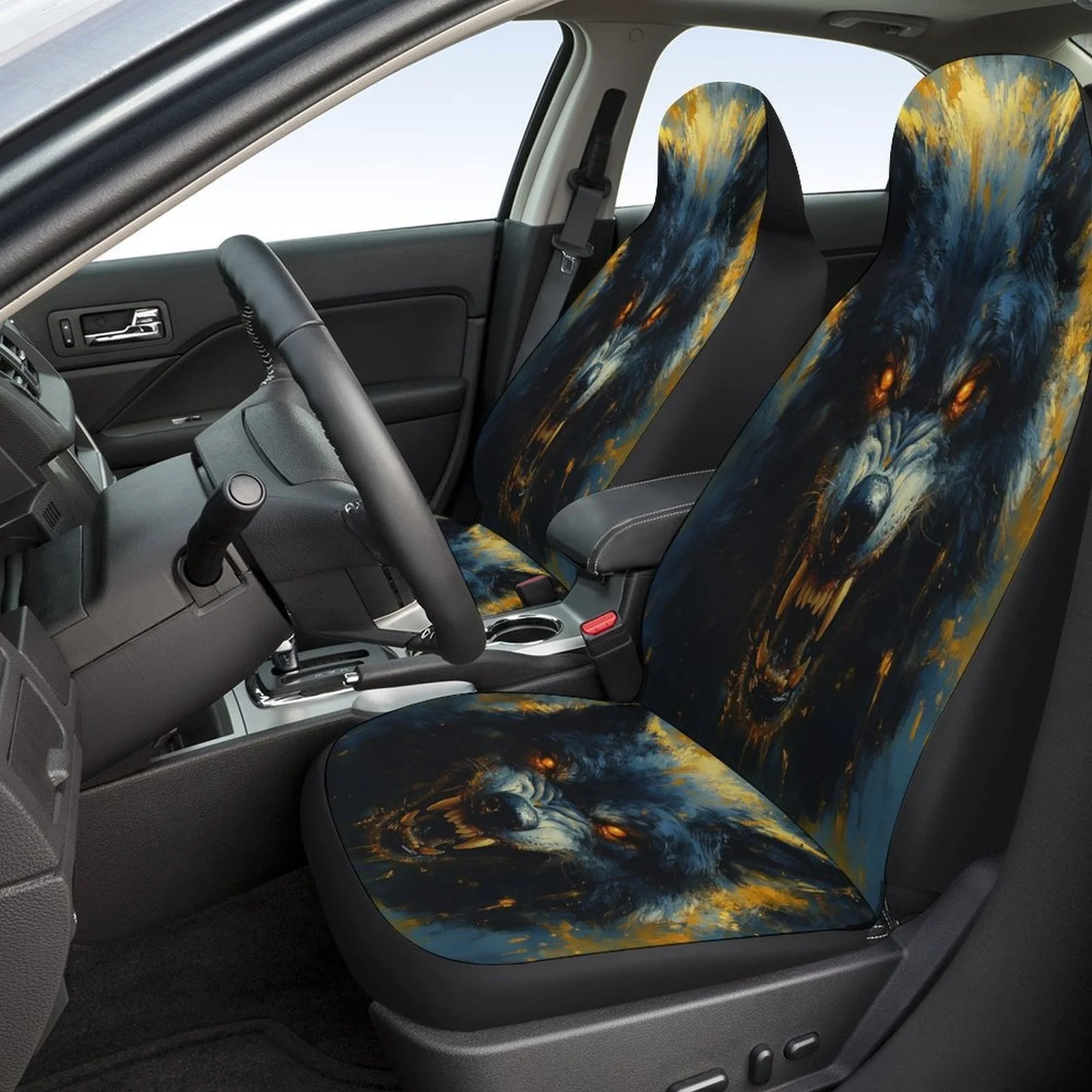 Fierce Wolf Roar Designed Car Seat Cover Set For Most Cars, Trendy Novelty High-quality Car Seat Protector Covers Full Set, Univ
