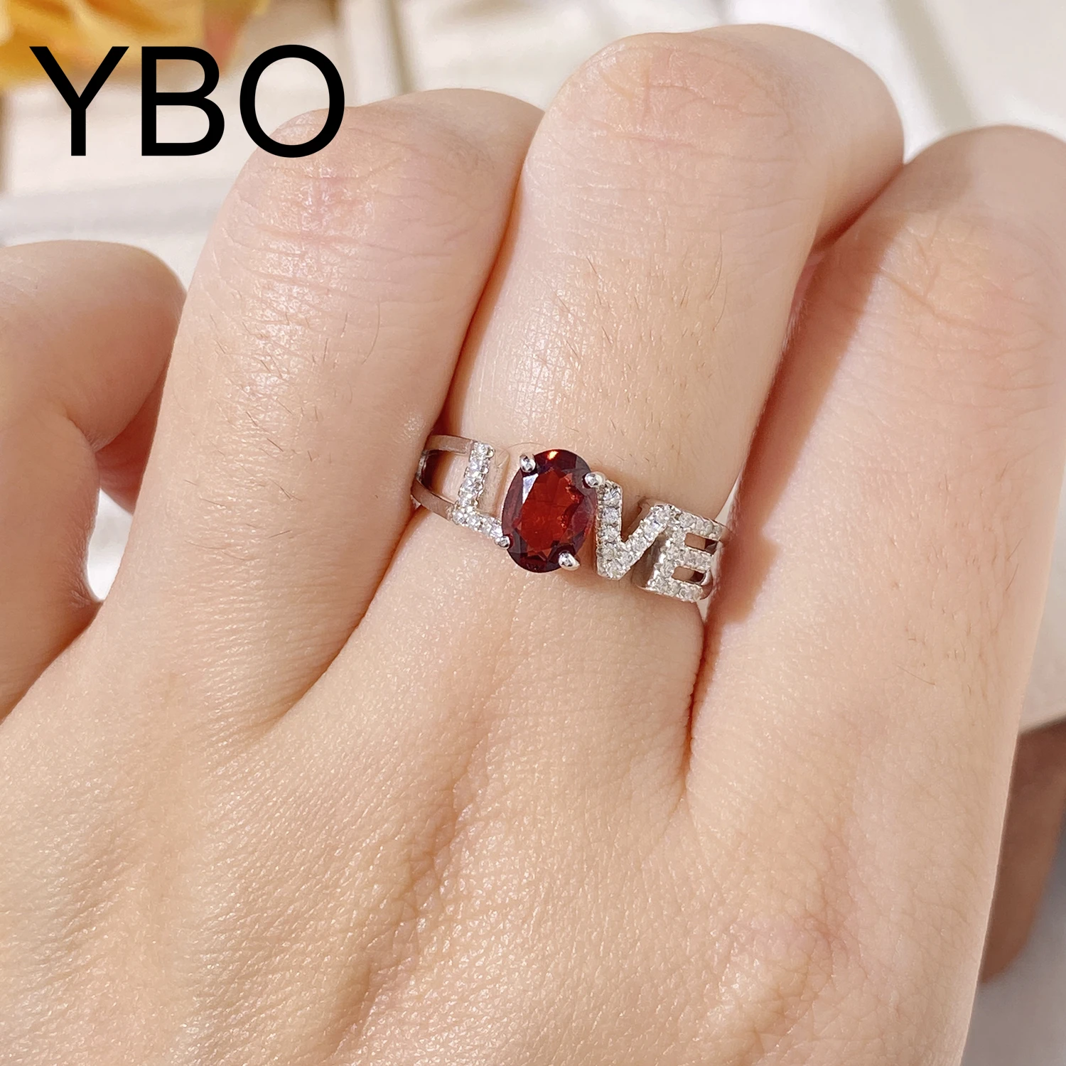 

YBO Fashion LOVE Letter Rings Red Garnet Natural Gemstone CZ Adjustable Finger Rings For Women Wedding Engagement Anniversary