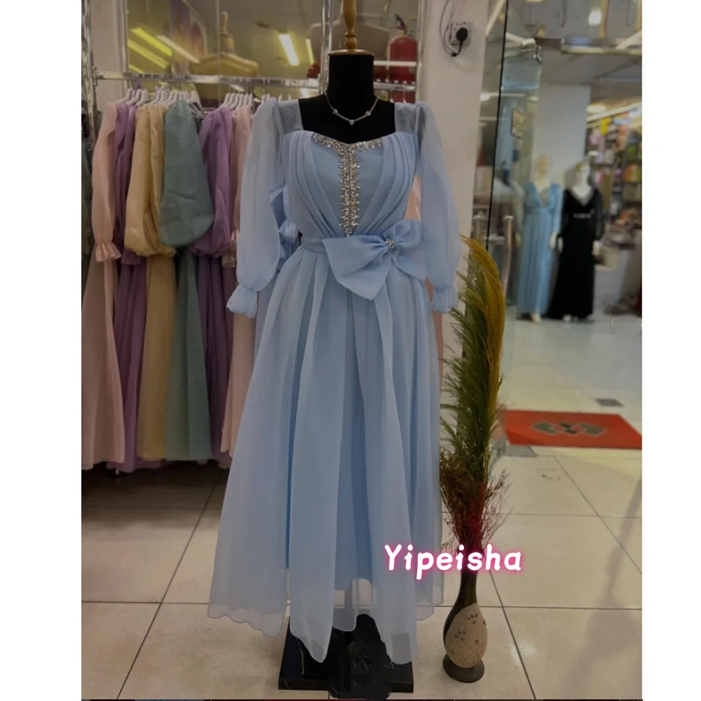 

Customized Beads Pleat A-line Long Prom Dresses Women Luxury Evening Gowns Elegant With Bow Tea Length Party Dress