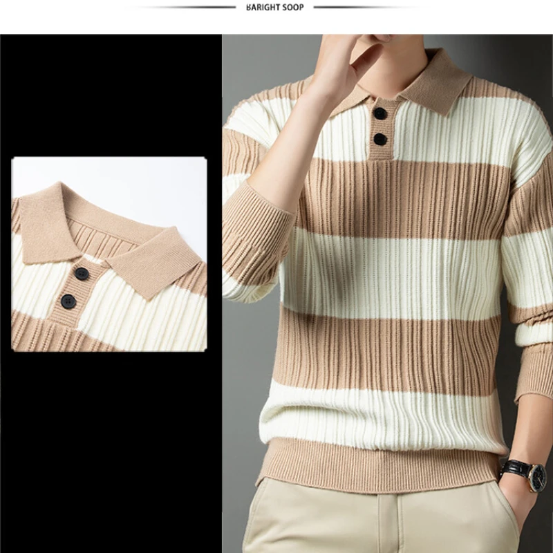 Polo Shirt Luxury Men's Pullover Sweater Fashion Thick Warm Sweater Striped Casual T-shirt Men's Top Loose Knitwear