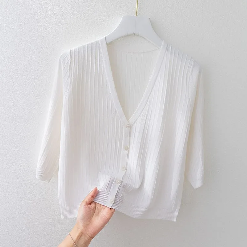 Solid Color Button Front Cardigan Versatile Long Sleeve V Neck Cardigan for Spring and Fall Chic Korean Fashion Women Clothing