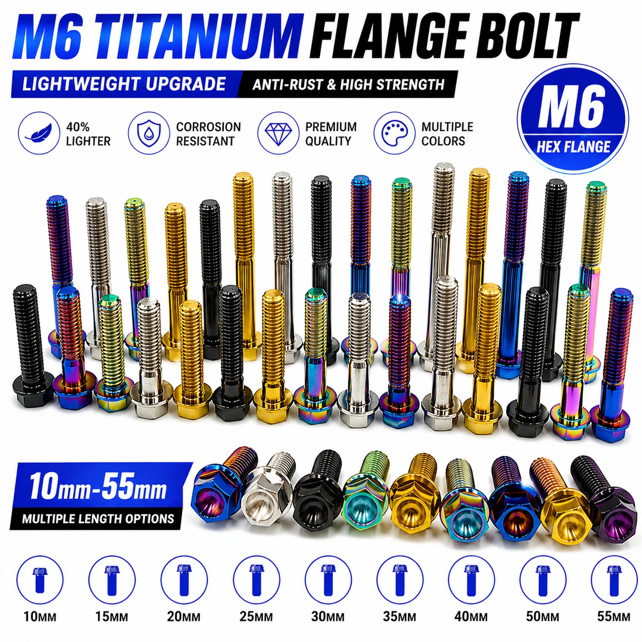 

M6 Titanium Bike Bolts 10mm-55mm Hex Flange Screws Anodized Lightweight Bicycle Motorcycle Fasteners