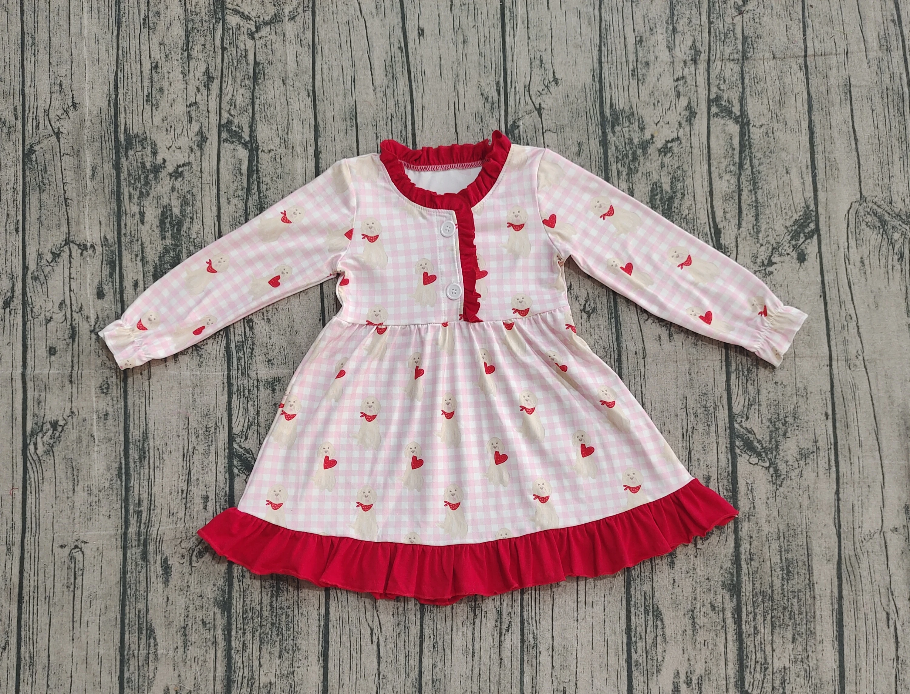 

Z1008-27 GLD1322 Kids Girls Clothes Long Sleeve Bear Print Baby Valentine's Day Dress