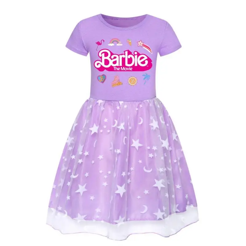 Kawaii Anime Cartoon Barbie Girls Short Sleeve Lace Mesh Tutu Skirt Sweet Princess Dress Summer Girls Birthday Party Dress Gift