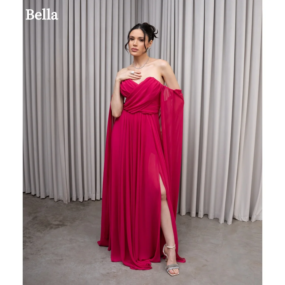 

Bella Customized Red Chiffon Robes De Soirée long Wrap Floor Length Party Dresses High Slit Strapless Prom Dress Banquet 2026
