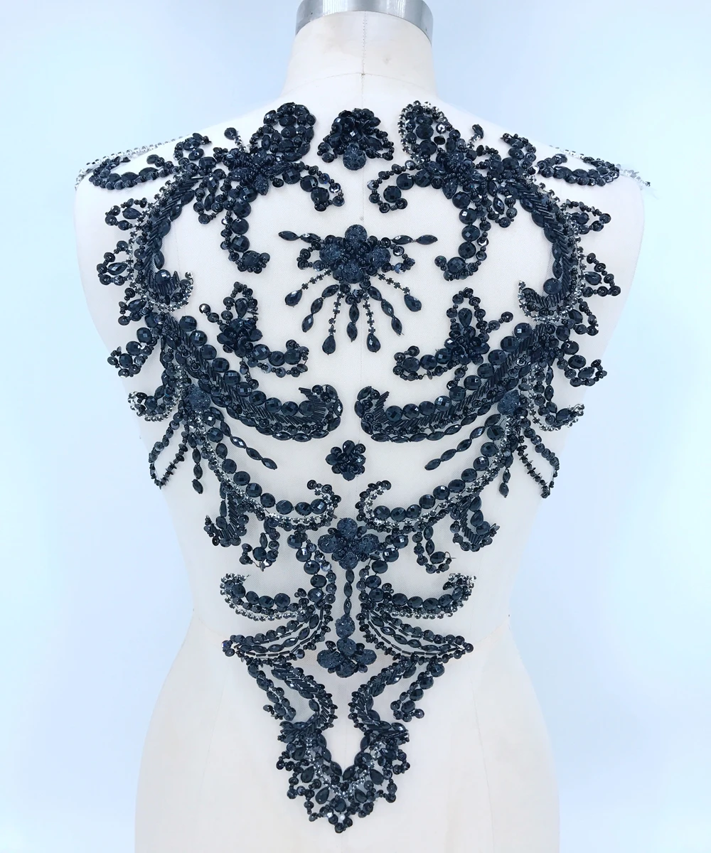 手縫いラインストーンアップリケスパンコールラウンドネック襟生地装飾イブニングドレスコスチュームフロントとバックアクセサリー