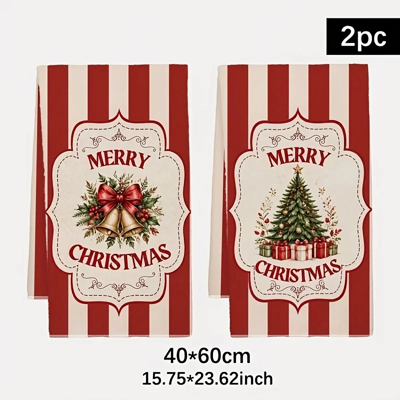 2-Pack Merry Christmas Kitchen Towels, Watercolor Red Striped Vintage Sign Bell Christmas Tree Gift Box Print Dishcloths, American Country-Style Holiday Decoration Tea Towels, Absorbent Waffle Kitchen Countertop Hand T