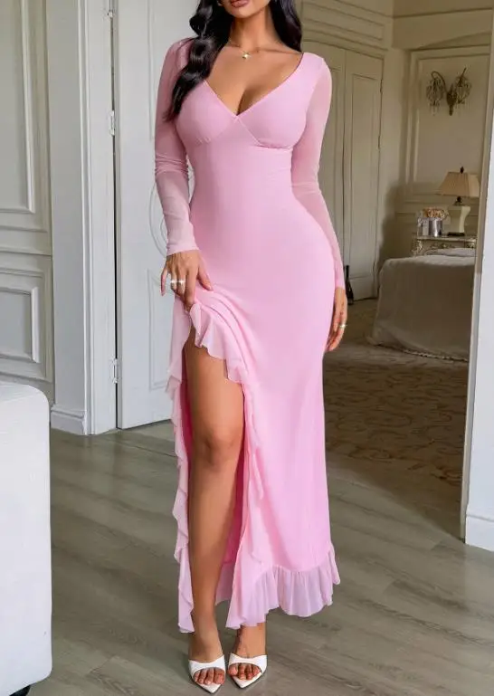 

2025 Autumn/Winter New Women's Fashion Sexy Elegant Dress Long Sleeve Deep V-Size Long Dress Women's Dress