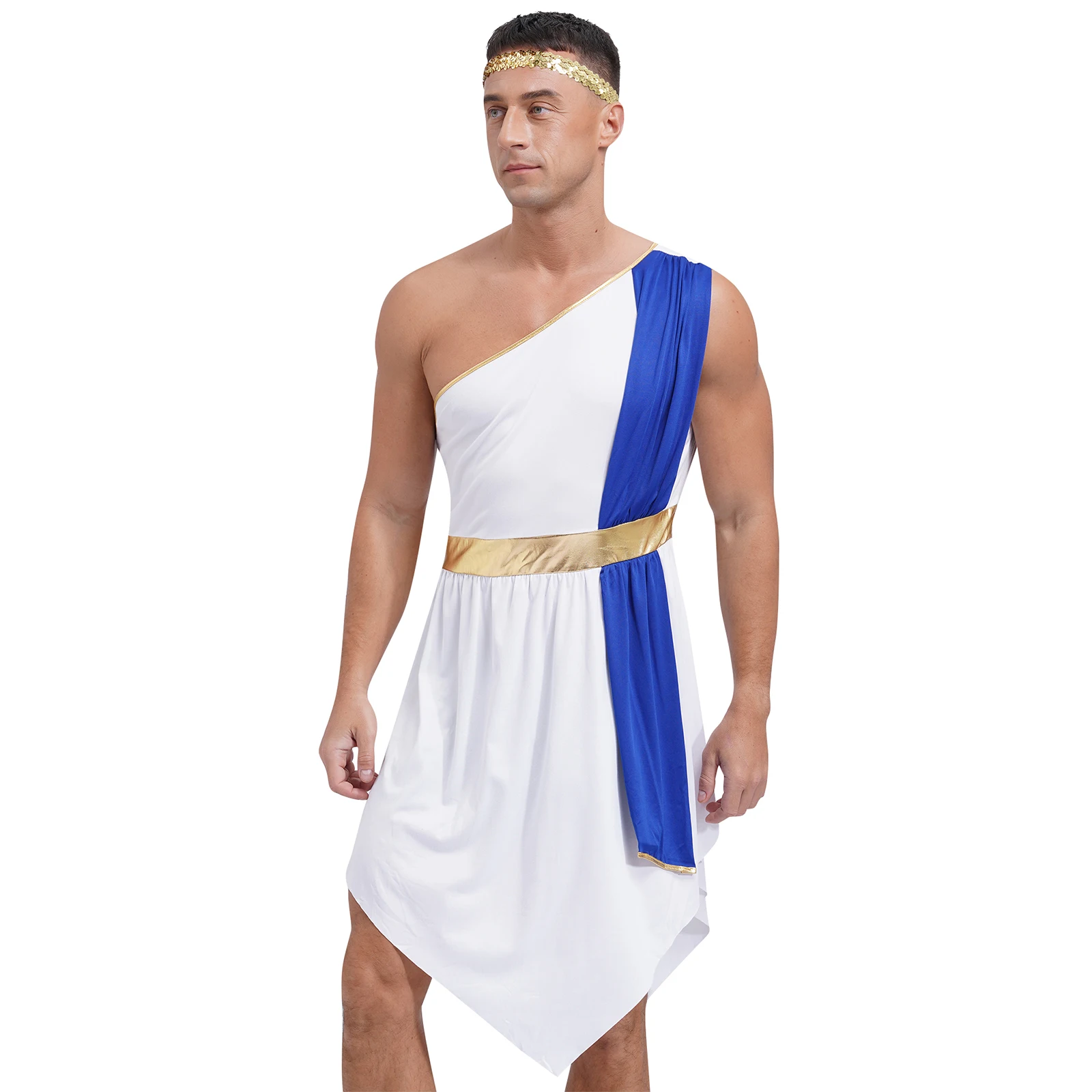 Mens Ancien Greek Roman Toga Costume Athenian Role Play Color Block One Shoulder Irregular Hem Tunic Robes with Sequin Headband