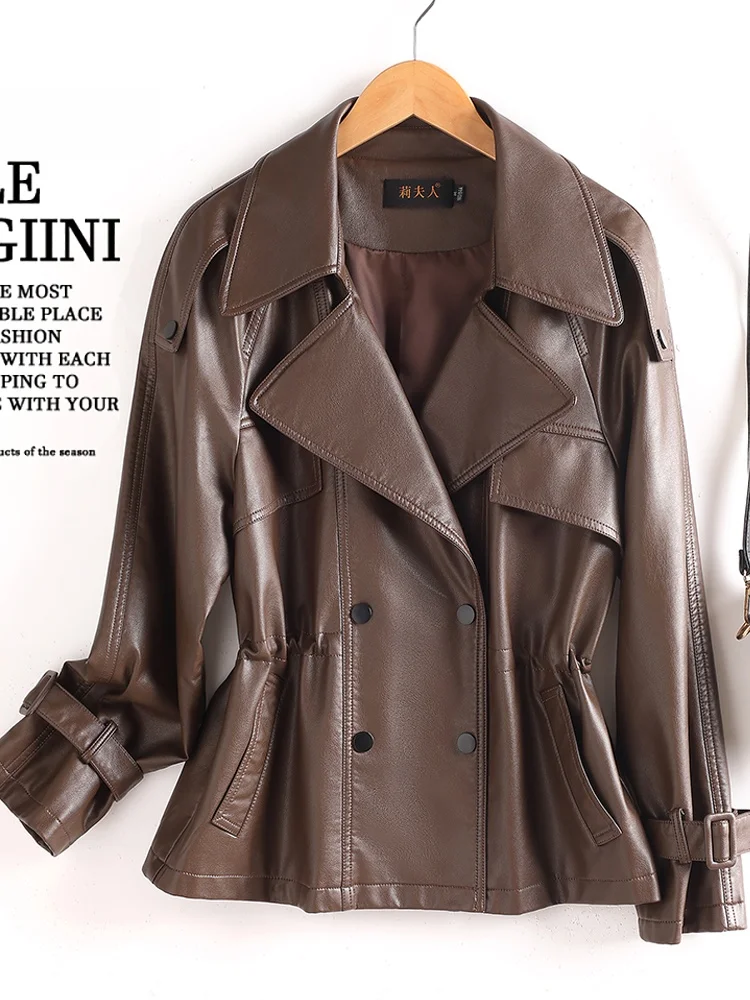   Veste en cuir véritable pour femme, style coréen, coupe ajustée, coupe-vent décontracté, double boutonnage