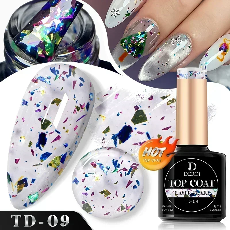 DEROI 8ml Flash Top Coat for Nail Art No Wipe White Dot Top Coat Glitter Aurora Flake Glossy Topcoat Varnish Seal UV Gel Polish