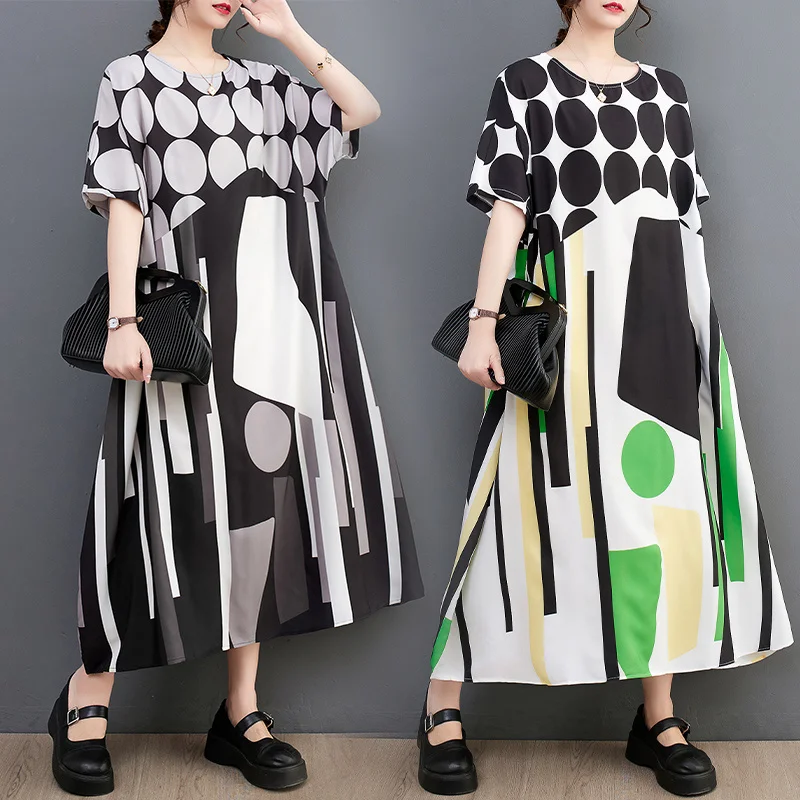 #3396 Printed A-line Dress Women O-neck Long T Shirt Dress Short Sleeve Casual Vintage Midi Dress Female Retro Ladies Dresses