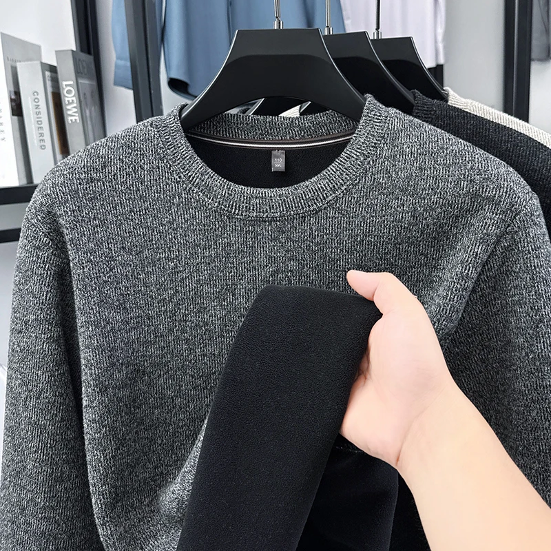 Man High-End Long Sleeves Knitwear Fleece-Lined Thickened Round Neck Jacquard Winter New Pullover Business Casual Men's Clothing