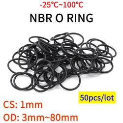 50pc NBR O Ring Seal Gasket Thickness CS 1mm OD 3~80mm Nitrile Butadiene Rubber Spacer Oil Resistance Washer Round Shape Black