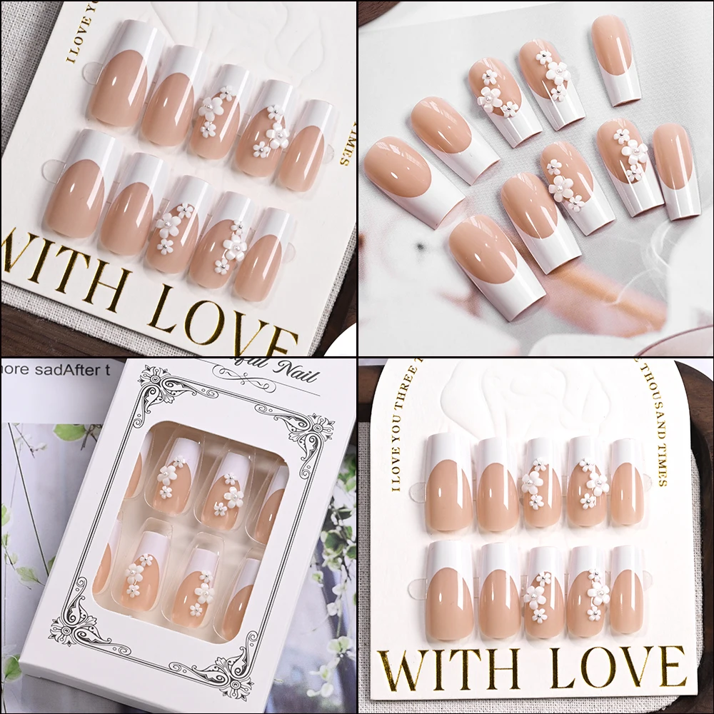24 قطعة طويلة مربع الفرنسية الأظافر وهمية رصع ثلاثية الأبعاد زهرة بيضاء اليدوية اضغط على الأظافر نعش الأظافر كاذبة نصائح للنساء أنيقة TD