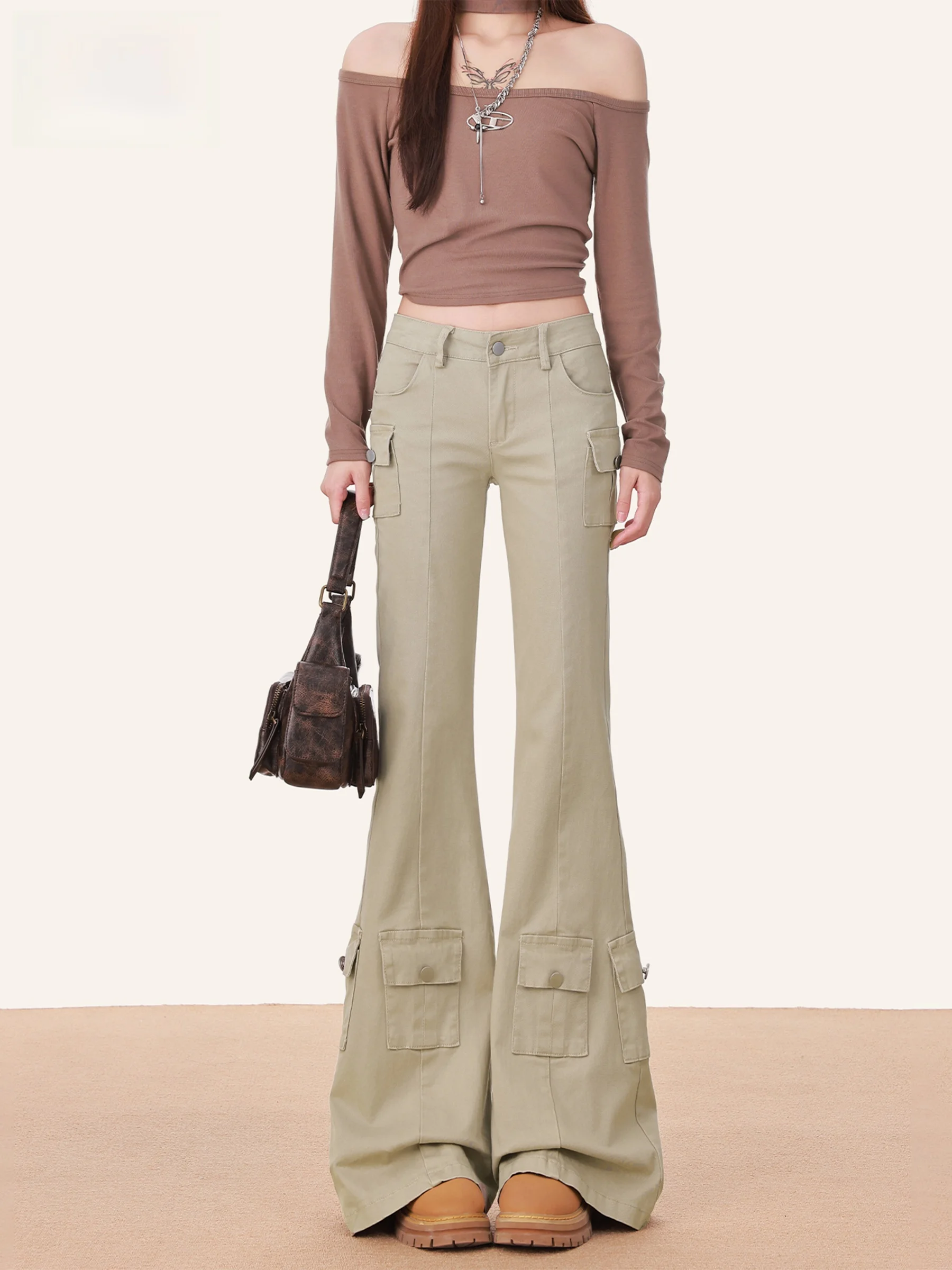 

Американские ретро-джинсы с высокой талией и расклешенными штанинами, женские, осенний дизайн, без стрейча, в стиле High Street, рабочие брюки