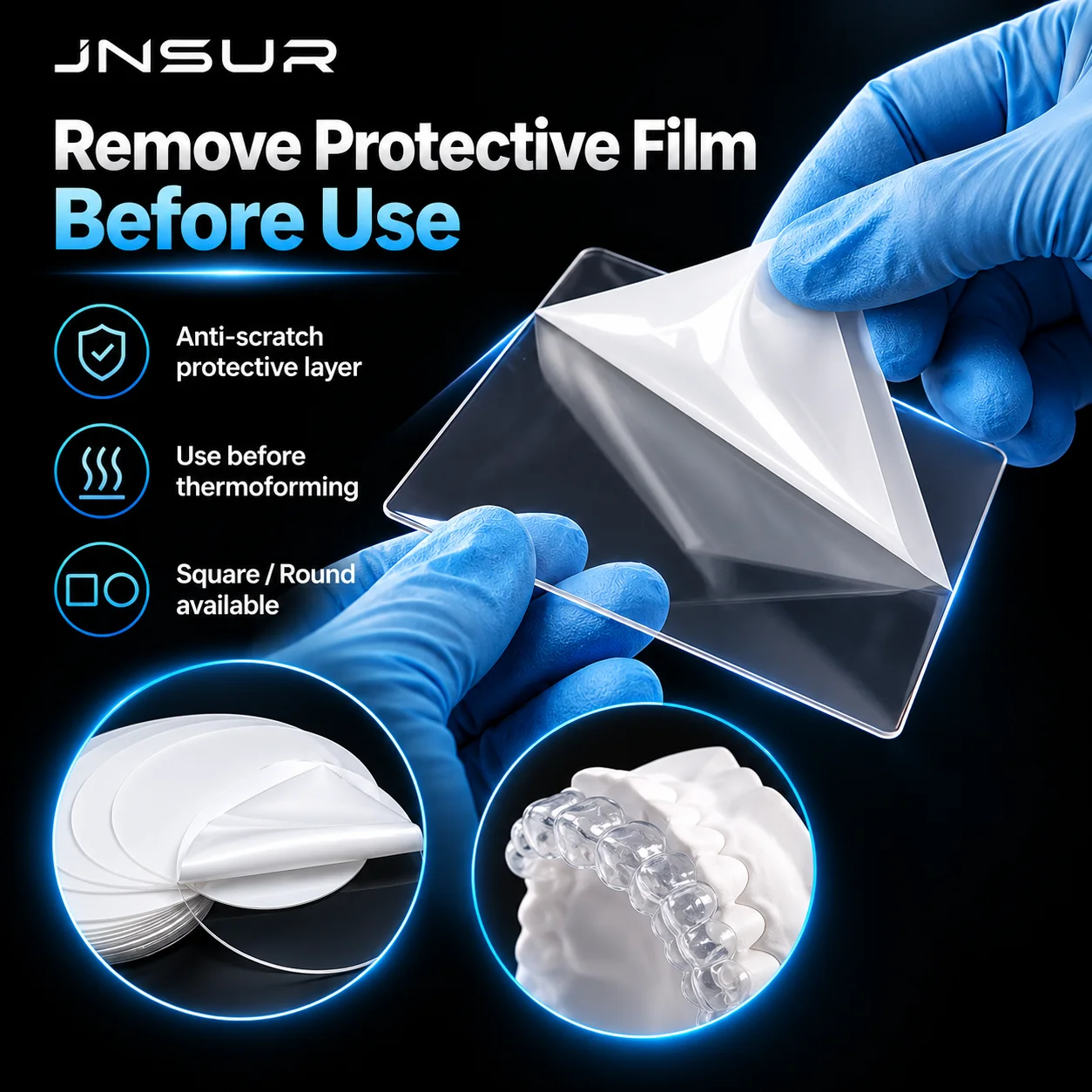 JNSUR Dental Splint Thermoforming Sheets 0.5-3.0mm Soft Hard Square Round Dental Vacuum Forming Material for Aligner Retainer