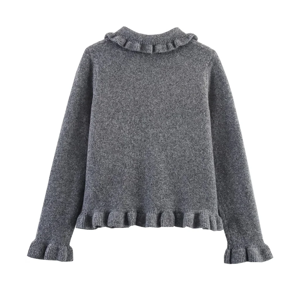 ملابس نسائية خريفية جديدة حلوة وعصرية ذات طبقات مزخرفة وطية صدر السترة وأكمام طويلة سترة صوفية محبوكة