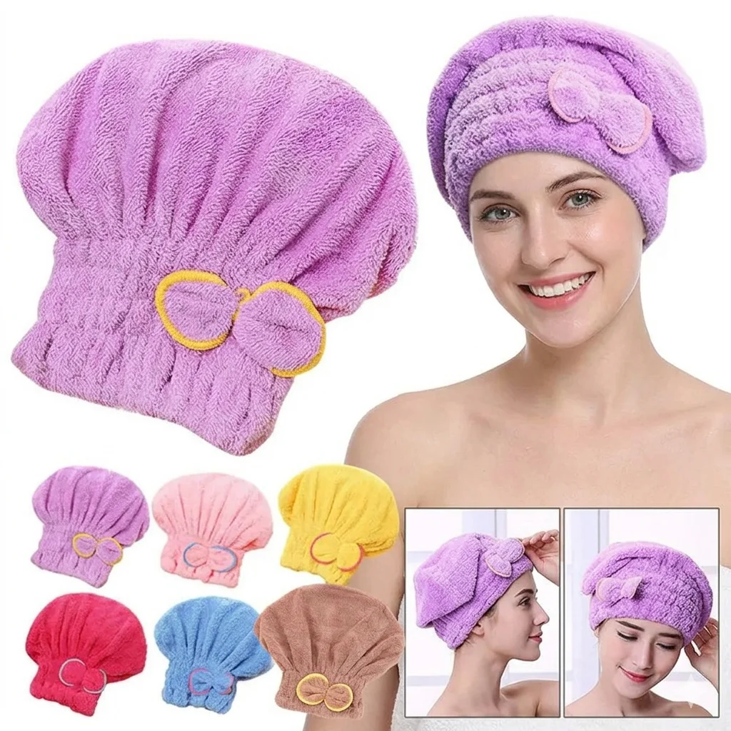 Microfiber Hair Drying Towel Quick Dry Magic Hair Wrap Cap With Bowknot Absorbent Bath Hat For Women Bathroom Accessories Shower