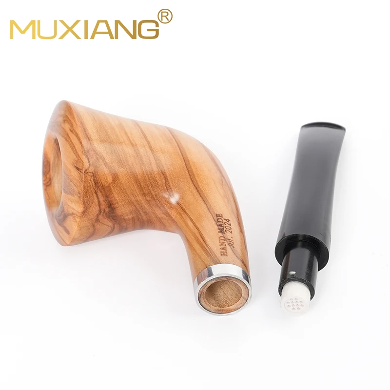 MUXIANG curved handle tobacco pipe olive wood pipe 9mm pipe channel tulip seriy pipe acrylic pipe mouth original wood color pipe