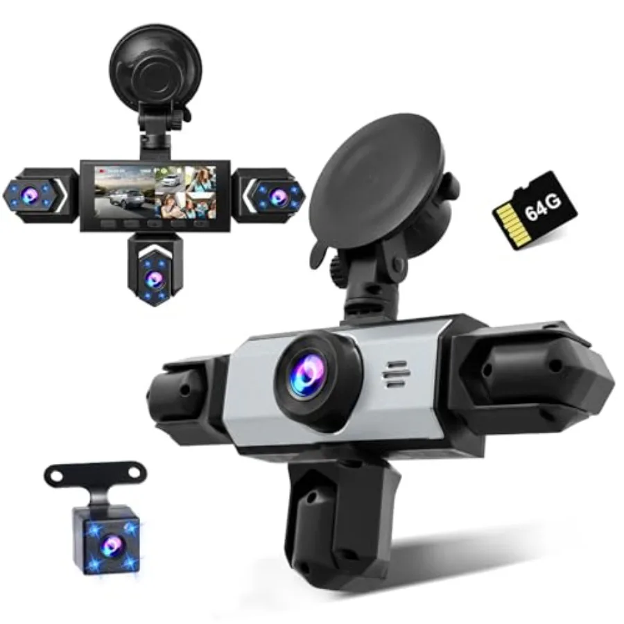 Car dash cam for front and rear interior use, ABS plastic, black, 360 view with 5-channel 1080P+480×4 recording, 3.16 IPS scree