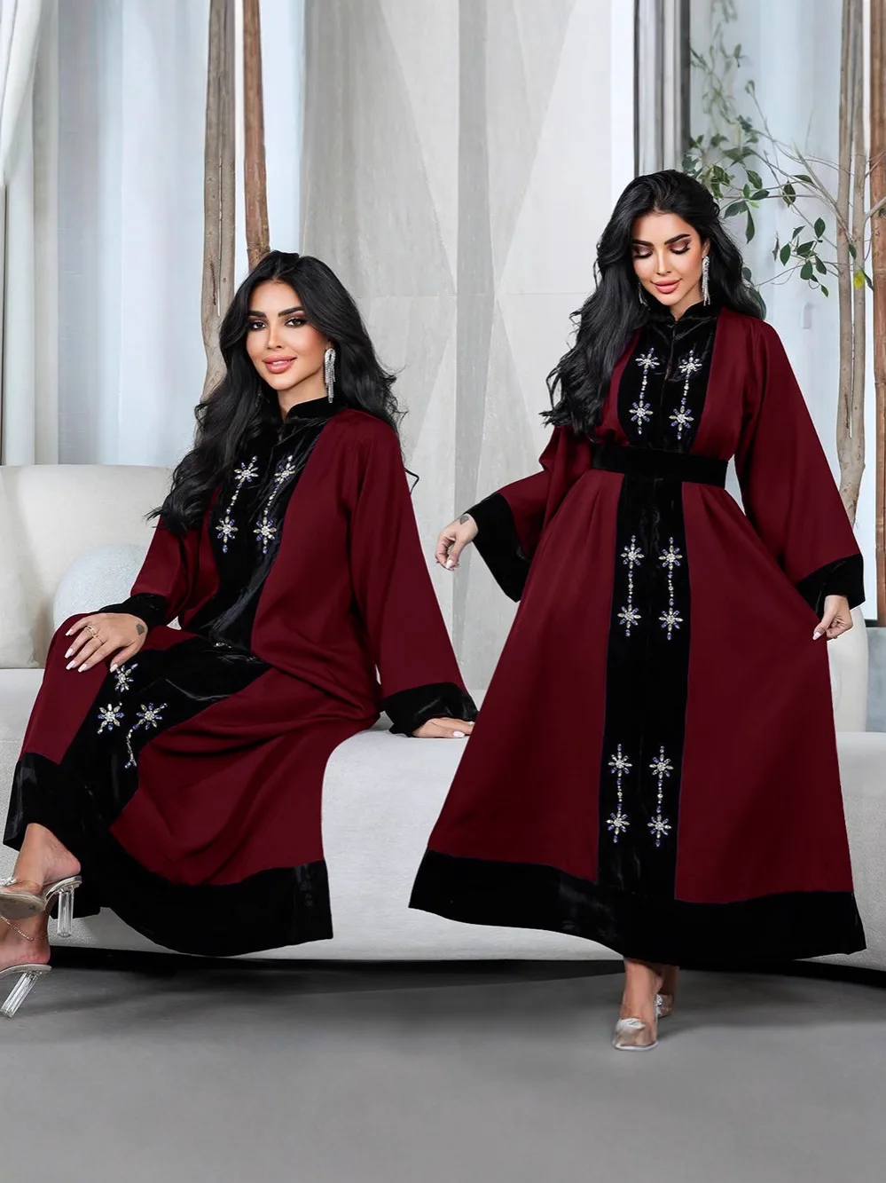 

Рамадан Ближневосточный мусульманский Дубай Роскошная мода Горячий бархатный атласный халат с бриллиантами Исламская арабская женская одежда