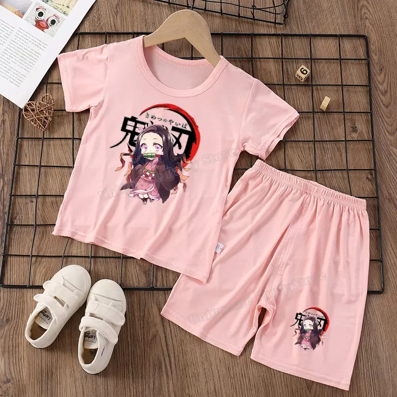 Demon Slayer Baby Pajama Suit Kamado Nezuko Girl Sleepwear Kamado Tanjirou Boy Pijamas Outfit Home Tops Pants Set Sleep Clothes