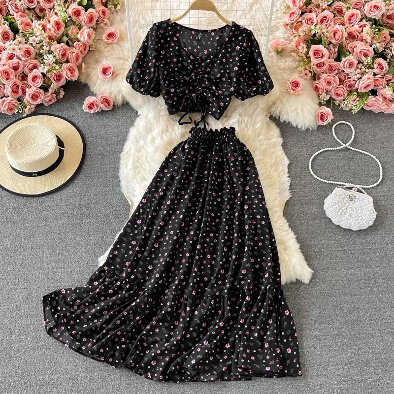 Summer Women Floral Print Chiffon Skirt Sets 2022 Short Sleeve Drawstring Crop Tops Skirts 2PCS Suits Female Chic Clothes Sets