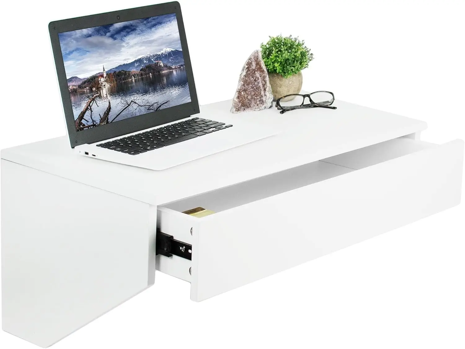 White Wall Mounted Desk with 28 inch Surface and Pull Out Drawer, Floating Wall Organizer, Under Storage Workstation, DESK-SF01W