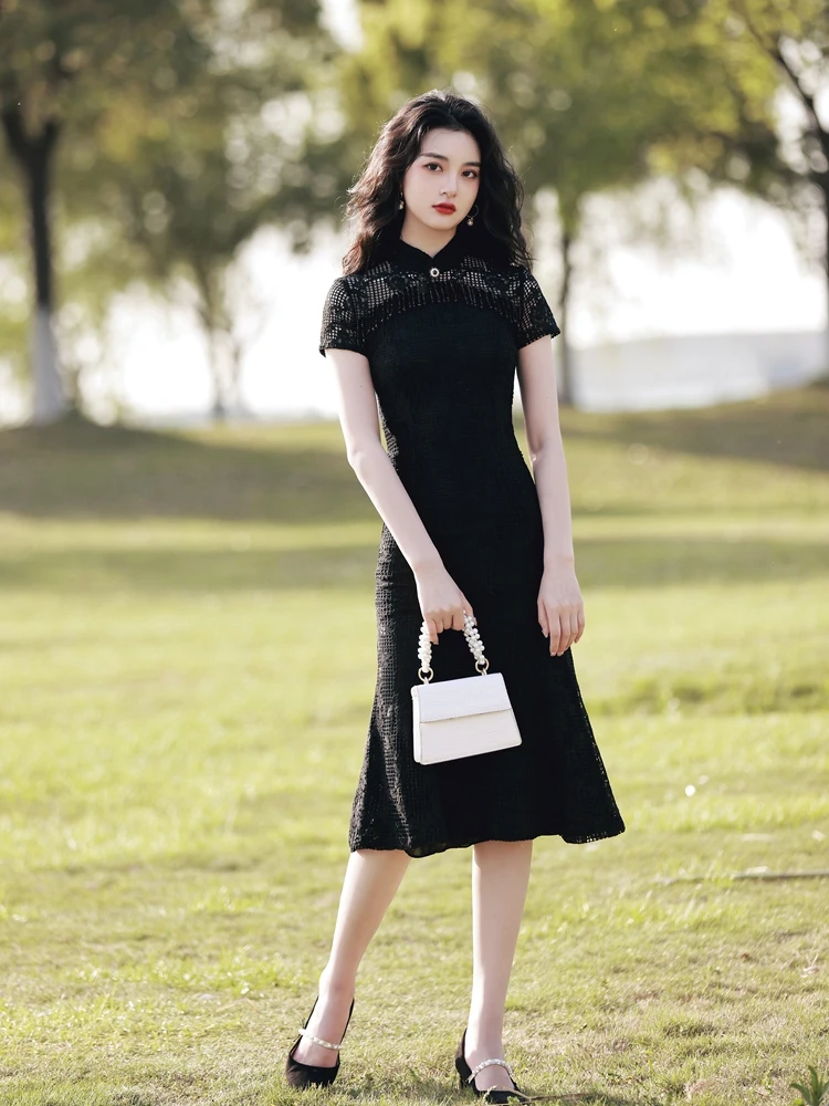 Young High-Grade Summer New Improved Fairy Dress Black Cheongsam Everyday Style Elegant Slimming Republic of China