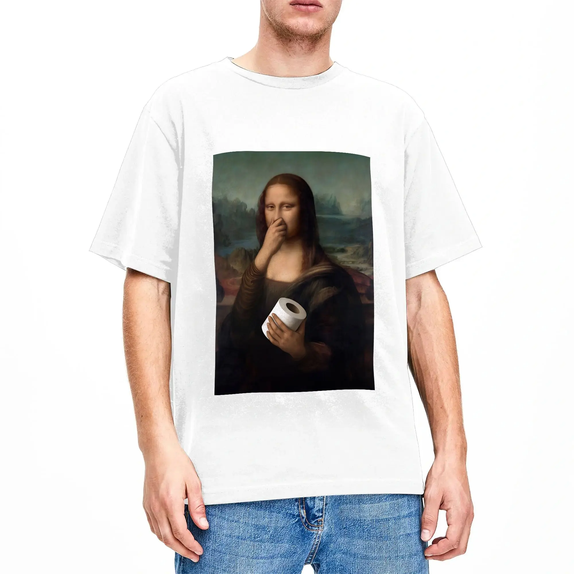 Mona Lisa Bathroom  Cotton T Shirt For Man Beach  Vintage T Shirts Harajuku Tees Oversized Casual Clothes