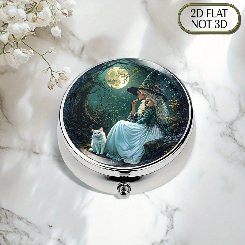 A flat, portable, round metal pill box, adorned with a pattern of a beautiful witch in a flowing robe and a white cat in a moonlit forest, suitable for storing daily medication, and can also be used for vitamin storage and as a travel essential. It is a thoughtful gift choice, with a flat design