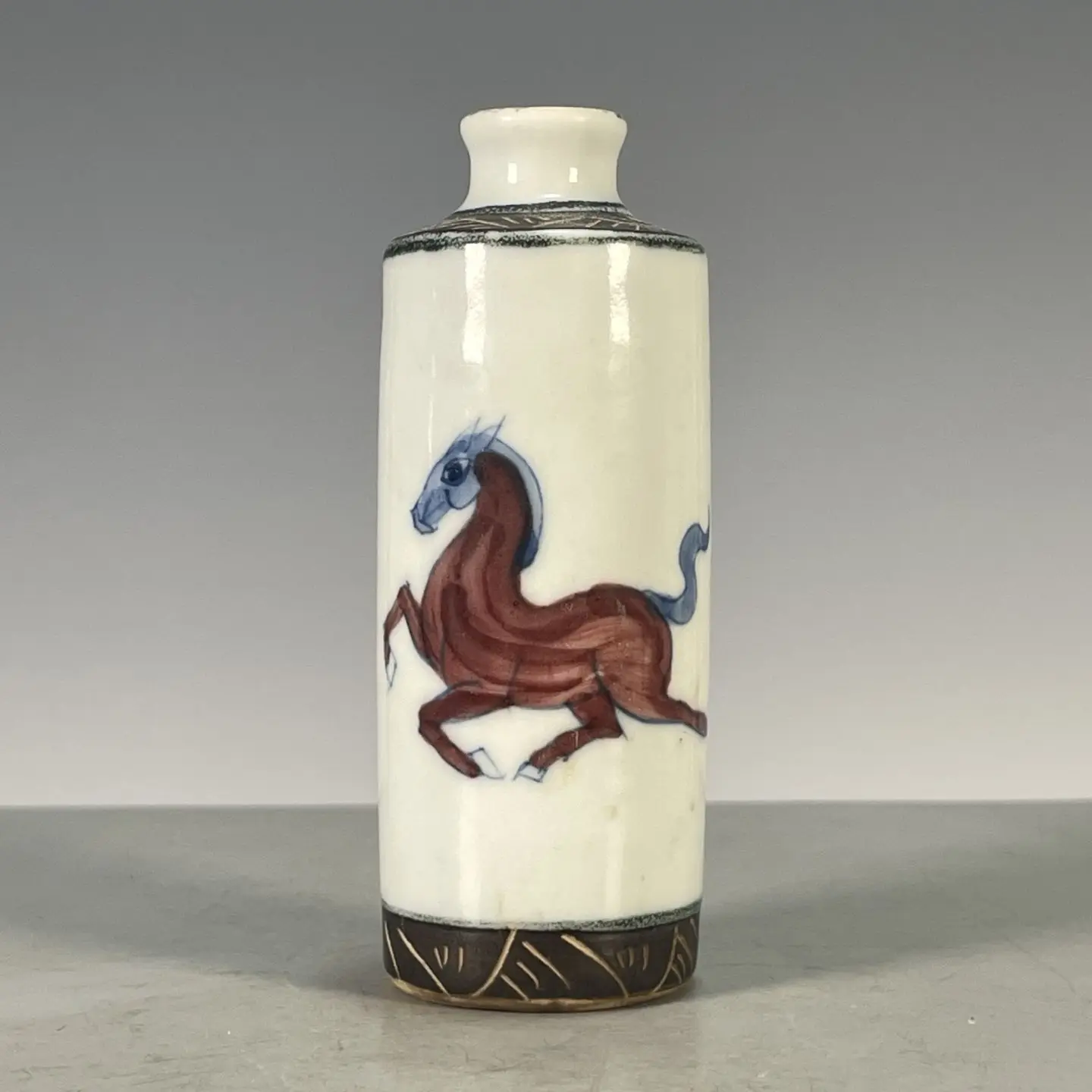 Mini Straight-Sided Porcelain Teapot, Freehand Painted Underglaze Blue & Copper Red Steed Motifs, Vintage Iron-Rust Ground Glaze