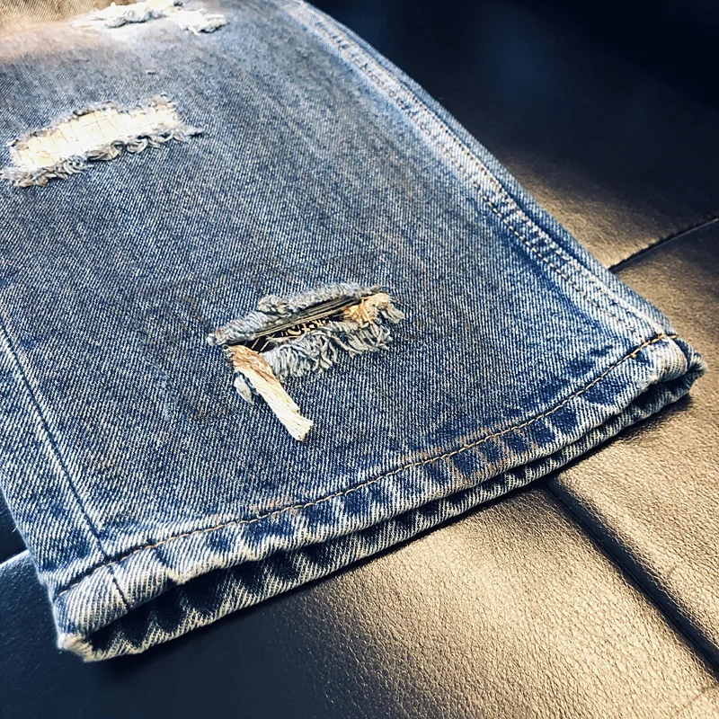 루즈핏 고품질 남성 청바지 스트레이트 레그 캐주얼 봄 가을 트렌디 브랜드 홀 펀칭 더티 코튼 스트레치 데님