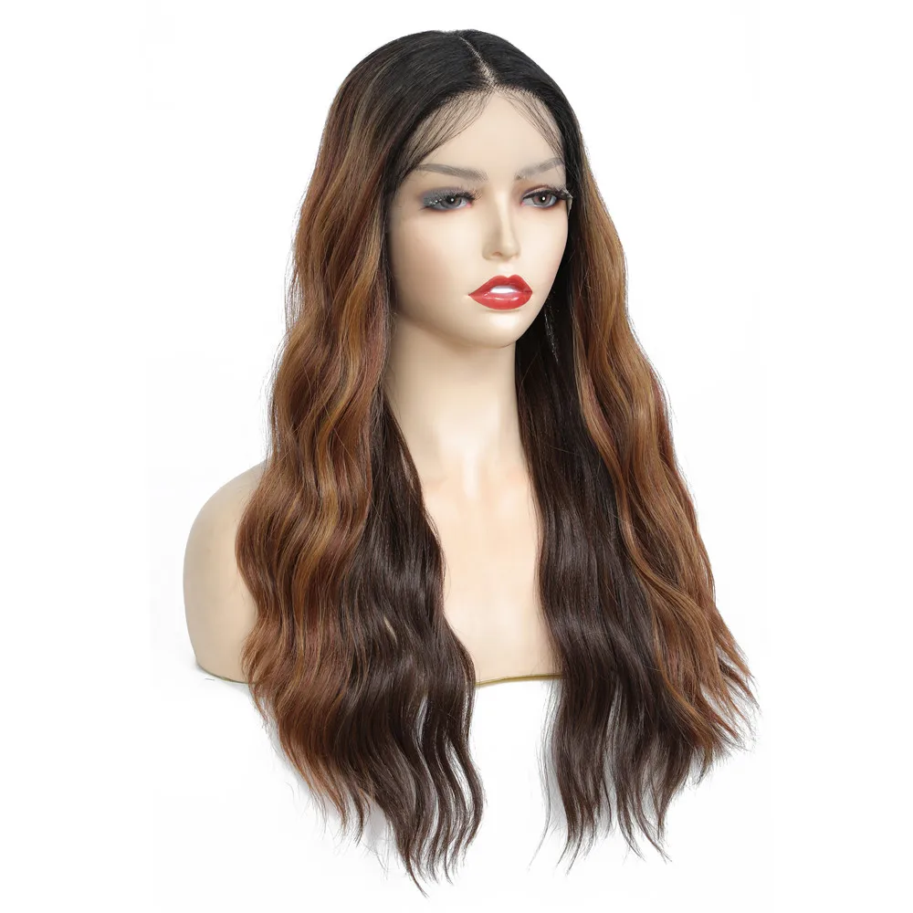 X-TRESS Synthetic Lace Wigs Ombre Brown Color Long Natural Wave Middle Free Part Hair Soft Wig For Women Heat Resistant Fiber