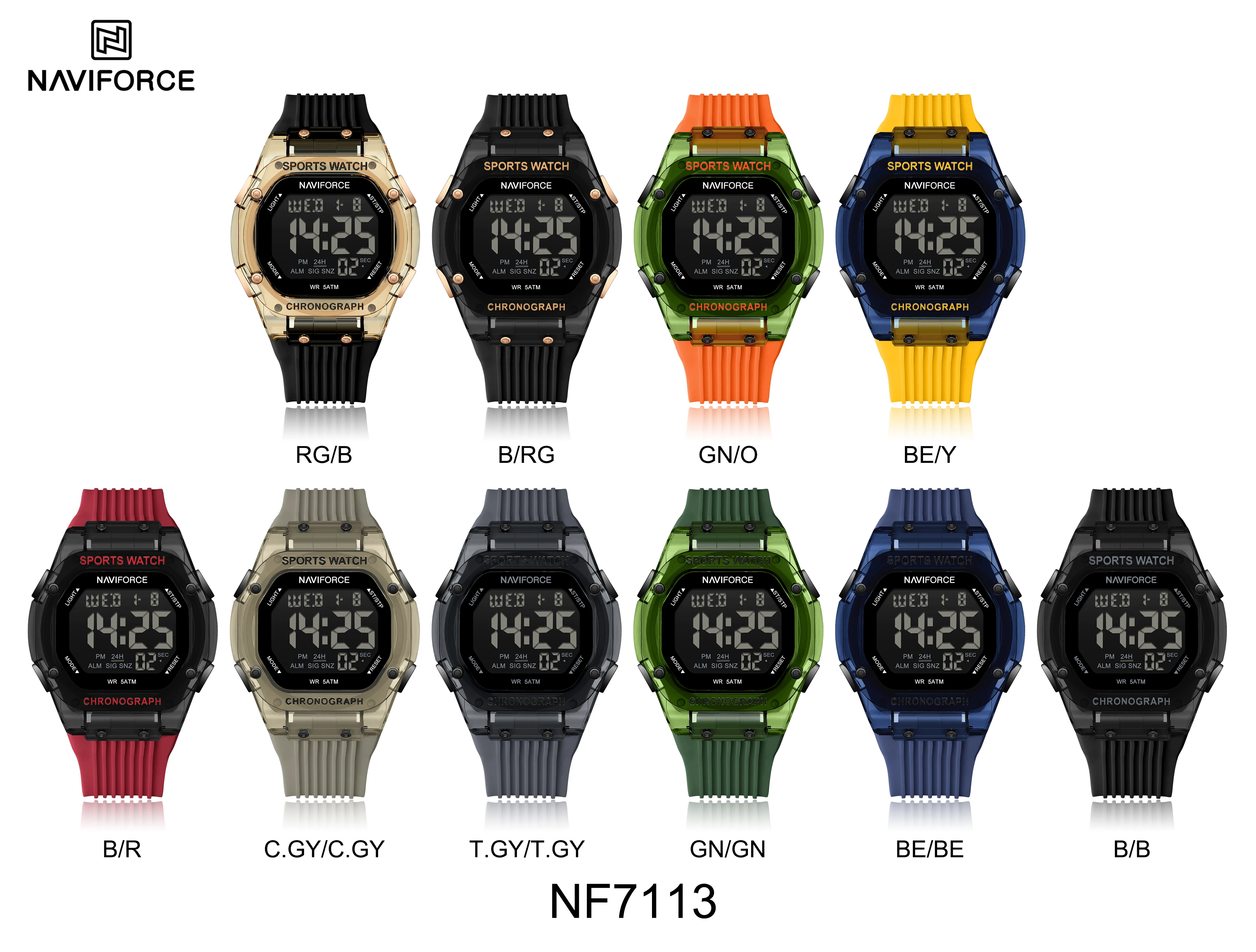ساعة NAVIFORCE NF7113 للرجال، سوار سيليكون شعبي 5ATM مقاوم للماء، ساعة تقويم إلكترونية بسيطة