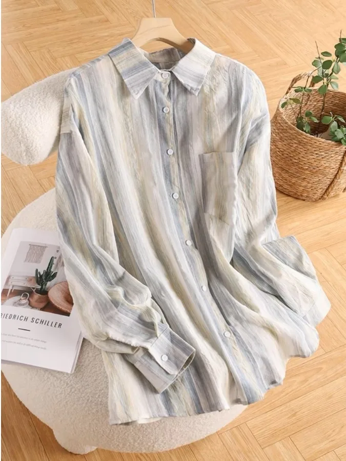 

Свободный хлопок и лен, винтажный повседневный женский стиль в художественную полоску премиум-класса, модный универсальный стиль