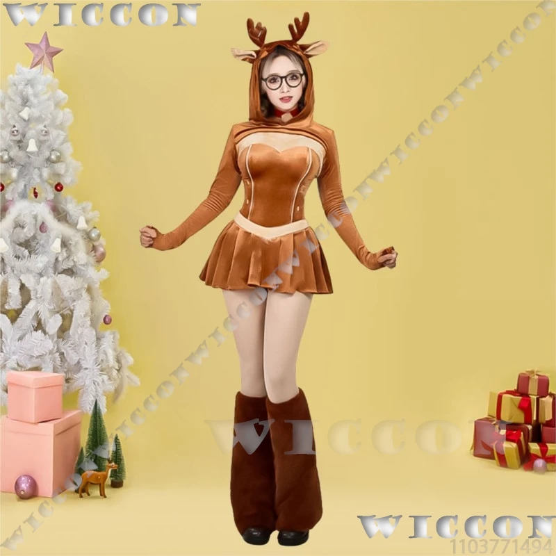 

2025 Christmas Reindeer Sexy Woman Cosplay Brown Dress Sexy Clothes Deer Antler Hat Leg Warmer Adults Full Set Suit Halloween