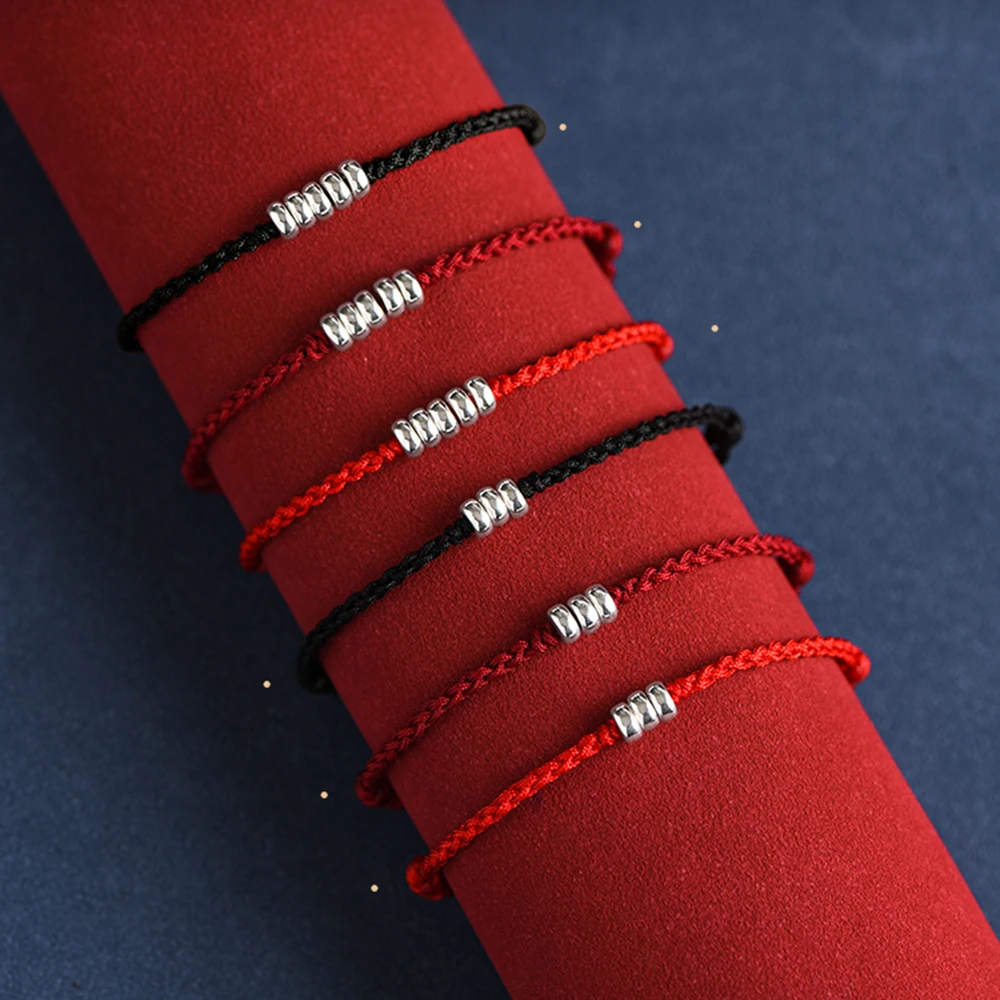 Handmade 3 Beads Red String Bracelet for Women Men Silver Color Lucky Bead Red Rope Bracelet Amulet for Protection Charm Jewelry