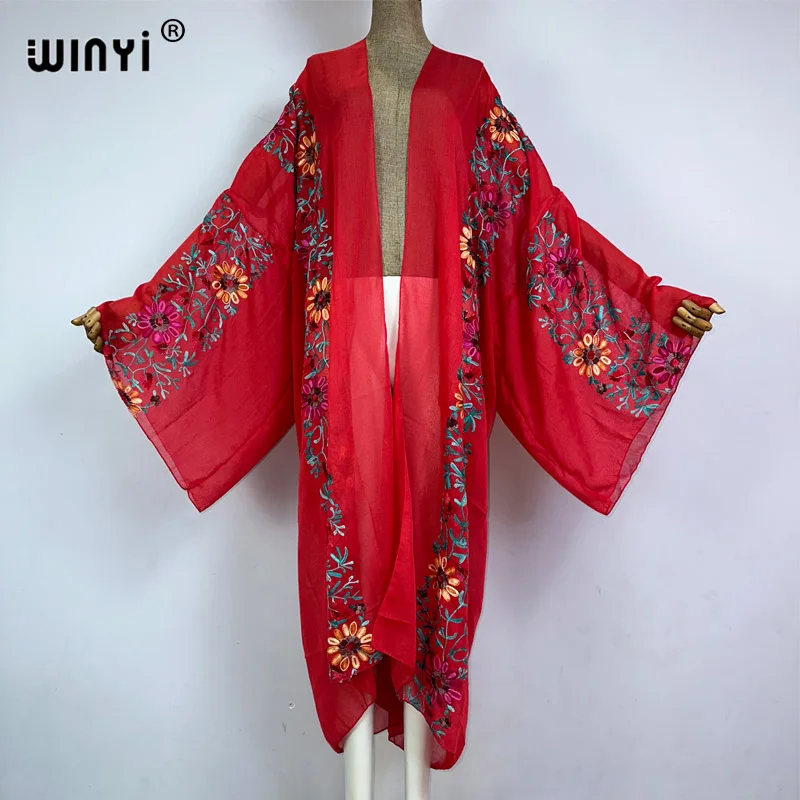 WINYI kimono haftowany wzór boho kaftany plażowe zakrywające sweter stroje plażowe na wakacje dla kobiet купальник