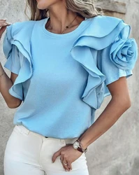 Women's T Shirt 2024 Summer Short Sleeve Rose Detail Ruffle Hem Top Loose Tops Oversized T Shirt Fashion Loose Pullover Tees