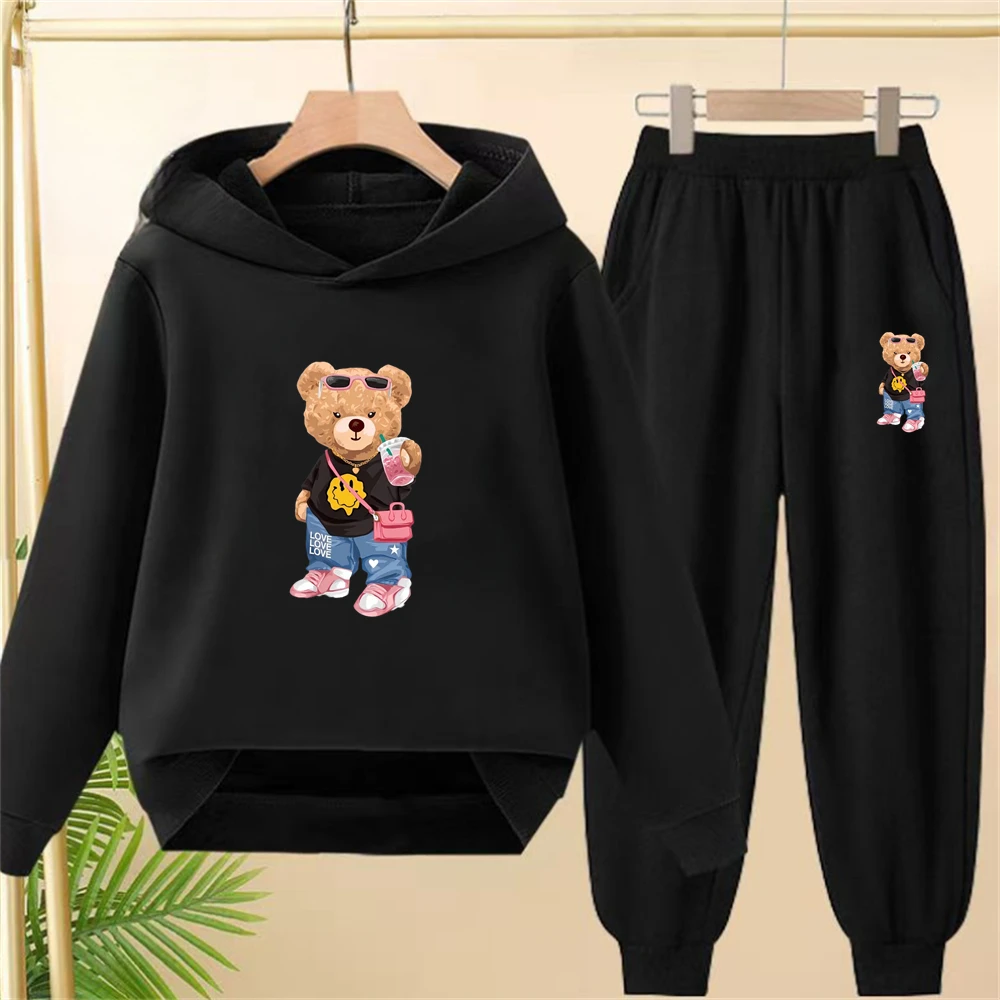 أسود موضة الدب طباعة الأطفال هوديس القمم + أسفل صبي الفتيات معطف الخريف عادية توادل Sweatshirr الطفل 3-12 سنة الملابس #1