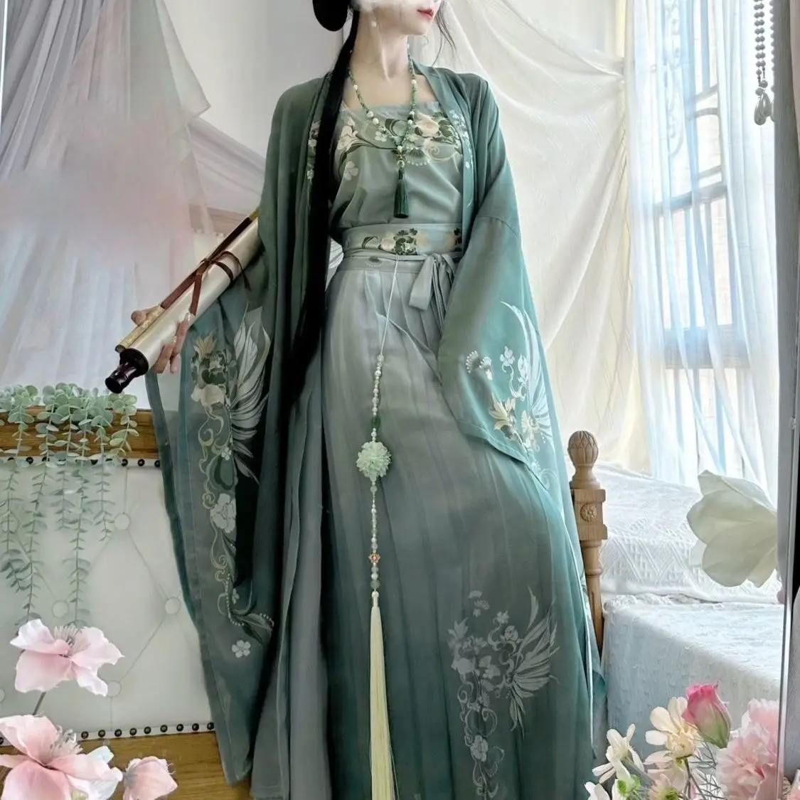 Hanfu Dress Women Chinese Traditional Vintage Hanfu Female Halloween Cosplay Costume Printed Green Hanfu  3pcs Ancient Skirt