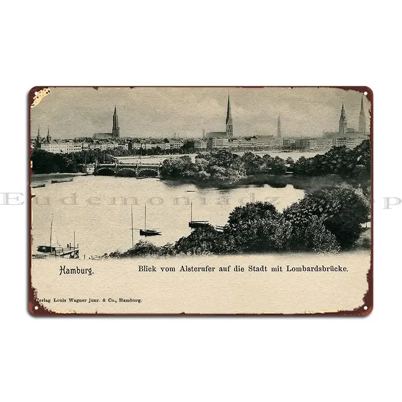 Hamburg 1900 Panoramic View Of The City From Alster River Metal Plaque Poster Printing Wall Cave Cinema Pub Tin Sign Poster