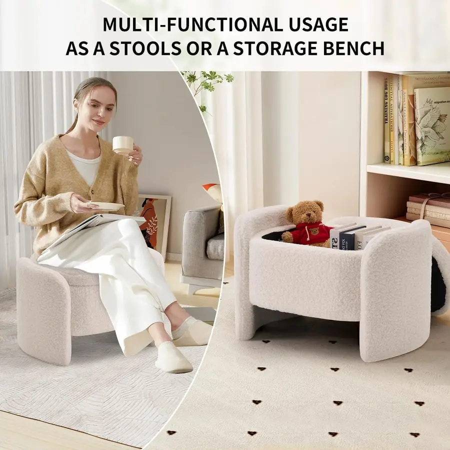 Bench with Lamb Fleece Fabric, Vanity Stool Chair, Upholstered Ottoman with Small Hidden Storage for Bedroom, Living Room, Entry