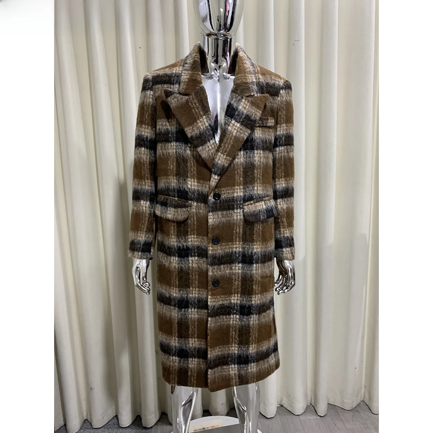 Nerazzurri Long Loose Plaid Woolen Coat Thickened Warm Women's Fashion Urban Style Winter Outerwear Polyester Fiber