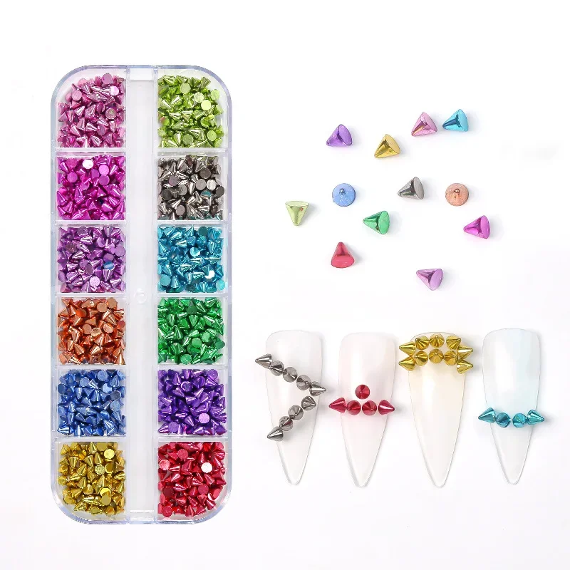 1 Set 12 Grid Long Box Conical Metal Beads Gold Silver Colorful Nail Charms Personalized DIY Manicure Nail Art Decor Accessories