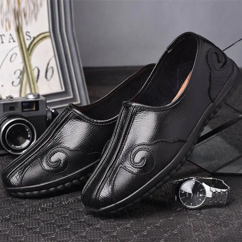new chinese style men casual flat old peking shoes men genuine leather comfortable antiskid shoes tai chi exercise kungfu shoes