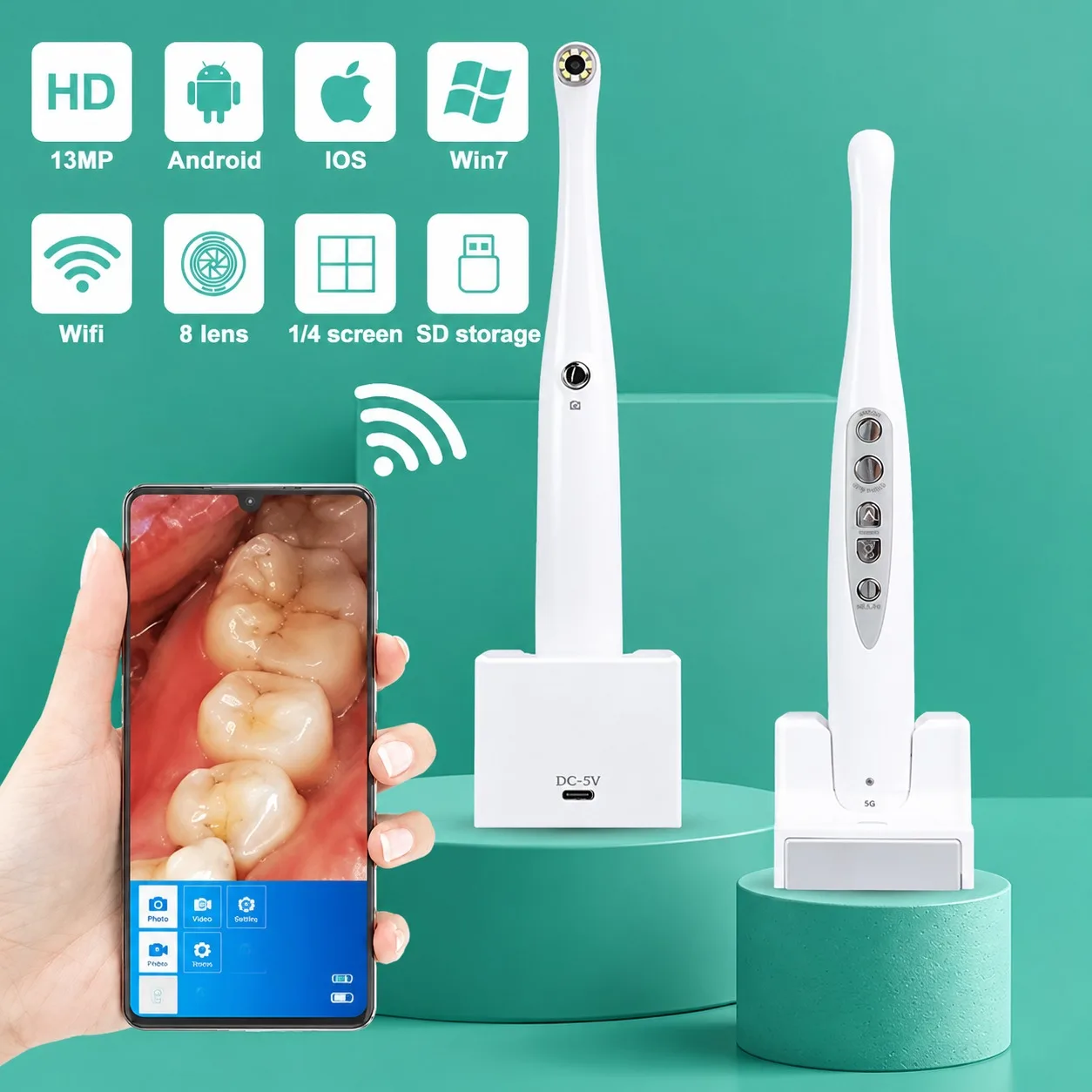 13MP Wireless Intraoral Camera HD Tooth Inspection Camera 1080P Dental Endoscope 8 Lens for iOS Android Phone Tablet Oral Care