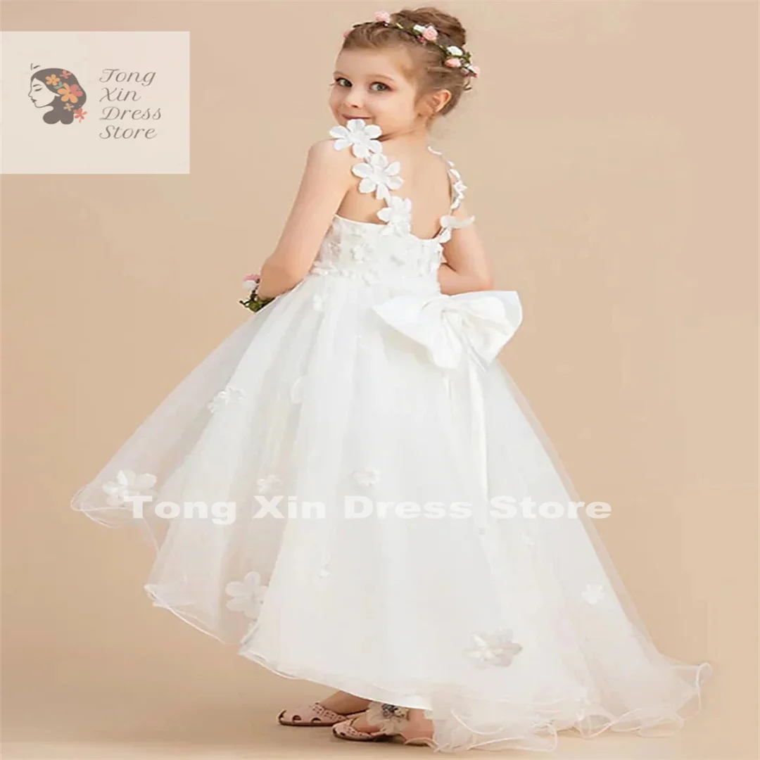 White Flower Girl Dresses Tulle Lace Appliques Party V-neck Suspenders Ball Gown Elegant First Communion Beauty Pageant Wear